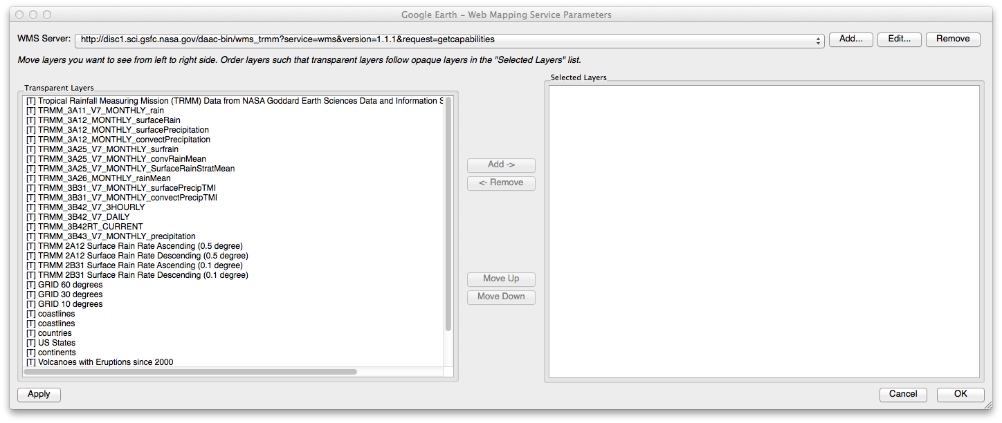 Web Mapping Service Parameters Window with a sample WMS Server URL