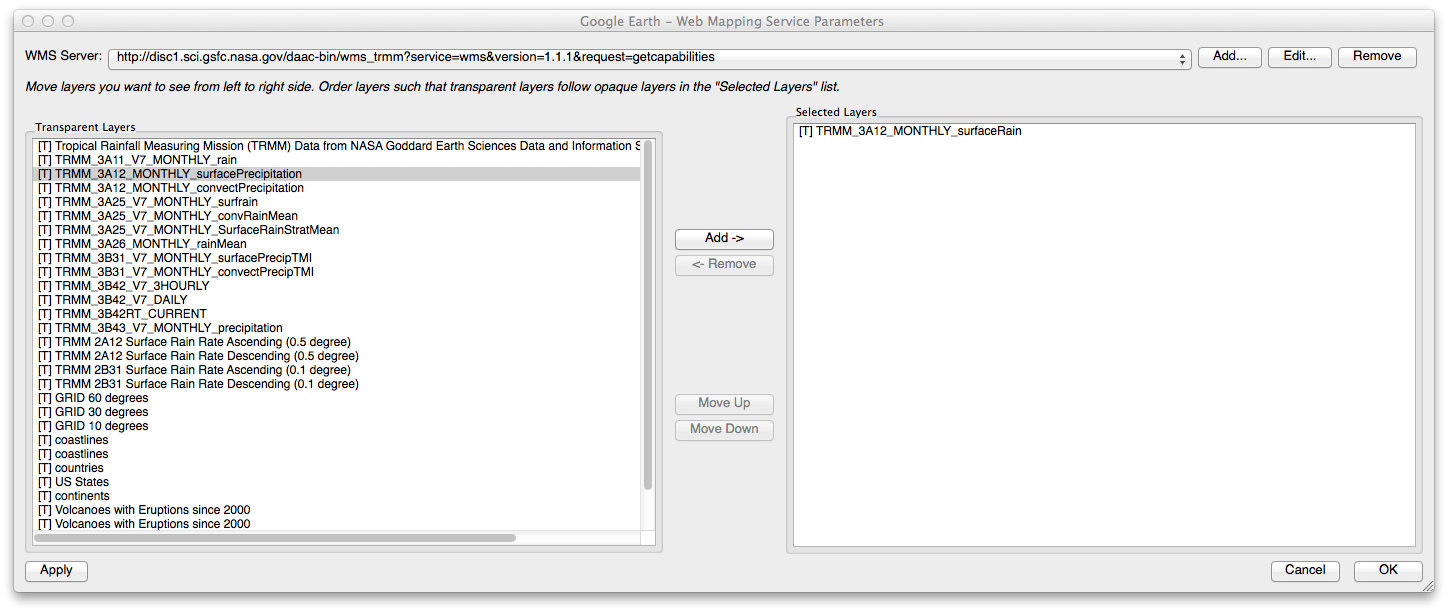 Web Mapping Service Parameters Window with a selected layer