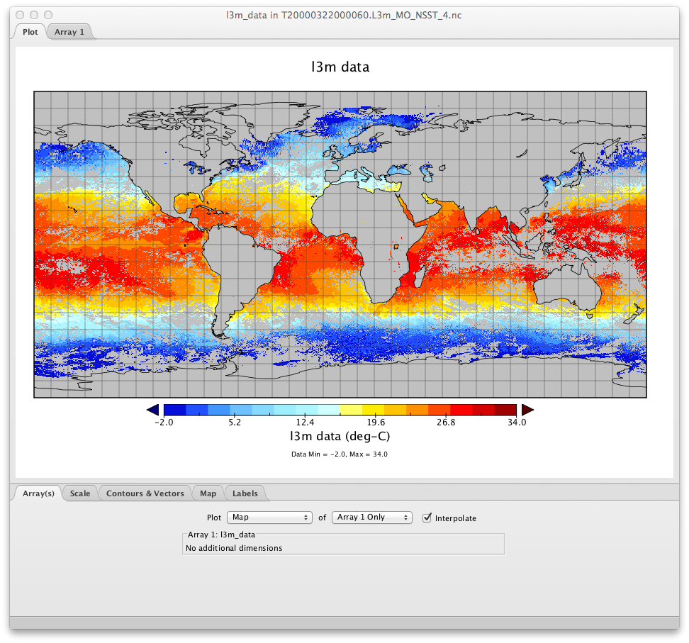 Panoply screenshot visualizing OBPG MODIS Terra dataset enhanced by NcML