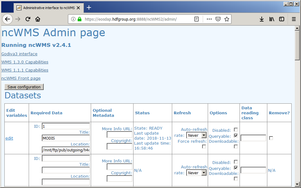 ncWMS Admin page after successful data loading