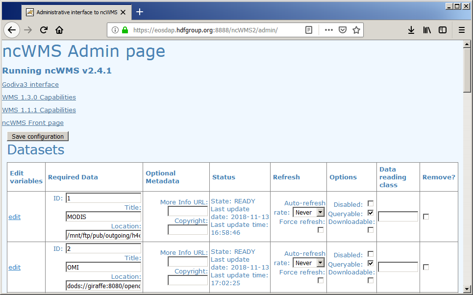 ncWMS Admin page after successful OPeNDAP data loading