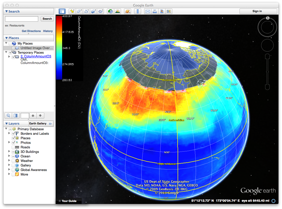 Visualizing NASA OMI data with Google Earth by opening KMZ created by ncWMS Godiva3 interface